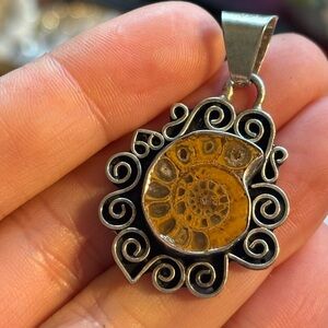 REAL Ammonite Fossil Silver Plated Pendant Silver Gorgeous Metal Work an…